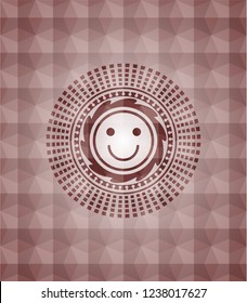 happy face icon inside red geometric pattern emblem. Seamless.