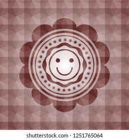 happy face icon inside red emblem with geometric background. Seamless.