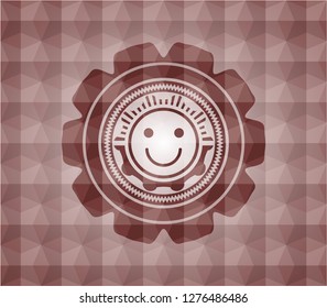 happy face icon inside red seamless geometric badge.