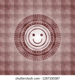 happy face icon inside red badge with geometric background. Seamless.