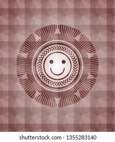 happy face icon inside red badge with geometric pattern background. Seamless.