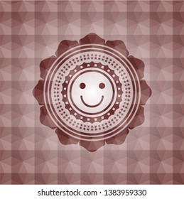 happy face icon inside red emblem with geometric pattern. Seamless.