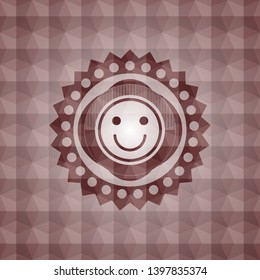 happy face icon inside red polygonal badge. Seamless.