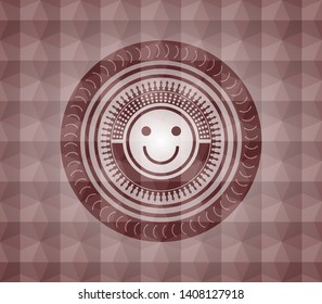 happy face icon inside red seamless emblem or badge with abstract geometric pattern background.