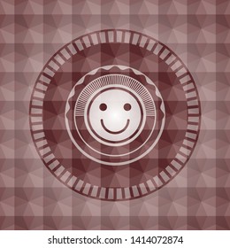 happy face icon inside red emblem with geometric pattern. Seamless.