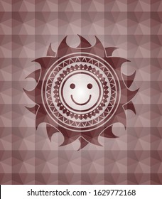 happy face icon inside red geometric emblem. Seamless.