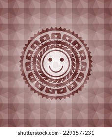 happy face icon inside red seamless emblem with geometric background. 