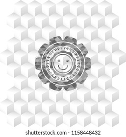 happy face icon inside retro style grey emblem with geometric cube white background