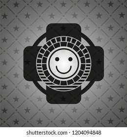 happy face icon inside retro style black emblem