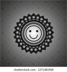 happy face icon inside retro style black emblem