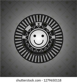 happy face icon inside retro style black emblem