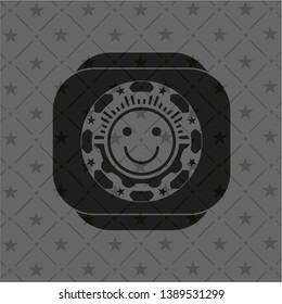 happy face icon inside retro style black emblem