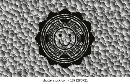 icono de cara feliz dentro del emblema negro estilo retro con fondo de burbujas grises. Ilustración vectorial. Detallado. 