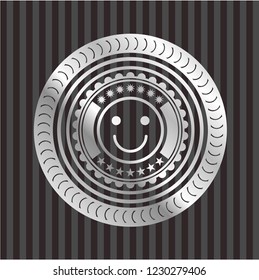 happy face icon inside silver badge