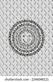happy face icon inside silver badge or emblem. Scales pattern. Vector Illustration. Detailed. 