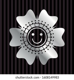 happy face icon inside silvery badge or emblem