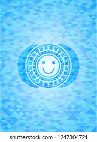 happy face icon inside sky blue emblem with triangle mosaic background
