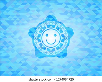 happy face icon inside sky blue emblem with mosaic background