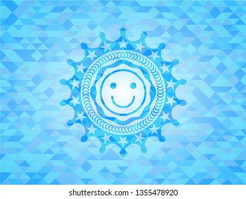 happy face icon inside sky blue emblem with mosaic background