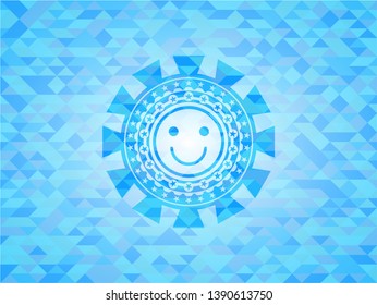 happy face icon inside sky blue mosaic emblem