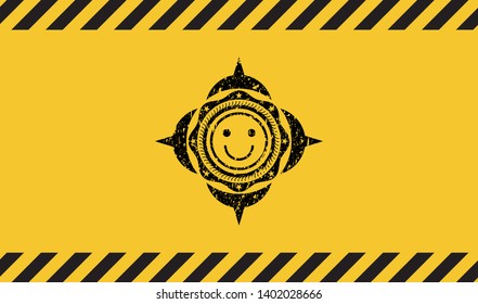 happy face icon inside warning sign, black grunge emblem. Vector Illustration. Detailed.