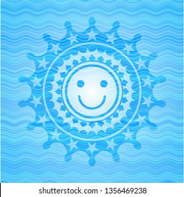 happy face icon inside water representation badge.