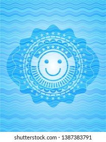 happy face icon inside water emblem background.