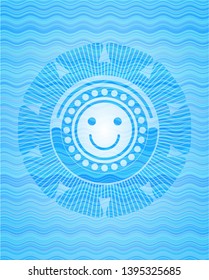 happy face icon inside water wave concept style badge.