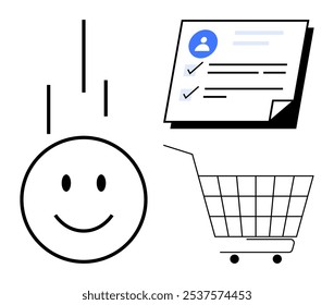 El icono de cara feliz representa la satisfacción del usuario. La lista de comprobación con perfil simboliza la información o las tareas del usuario. Carrito de compras significa comercio electrónico. Ideal para el Comentarios del usuario, satisfacción del Cliente