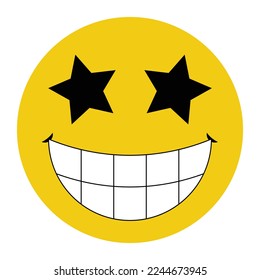 Happy face icon, yellow color, flat style vector design with teeth and star like eyes, laughing element object, funny concept isolated on white background.