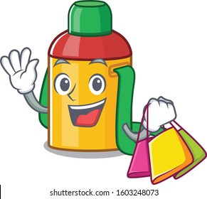 Happy face kids water bottle Scroll mascot style waving and holding Shopping bag