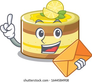 Happy face lemon cake mascot design with envelope