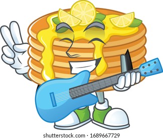 Happy face of lemon cream pancake cartoon plays music with a guitar