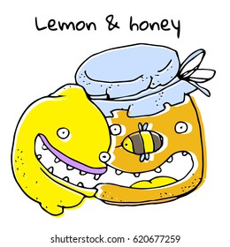 Happy face of Lemon and Honey. Cartoon vector  illustration for sweets and tablets for children. 