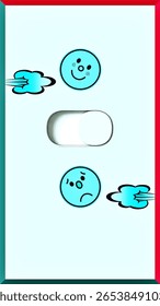
a happy face with a light blue cloud; below, a sad face with a matching cloud, indicating mood control.