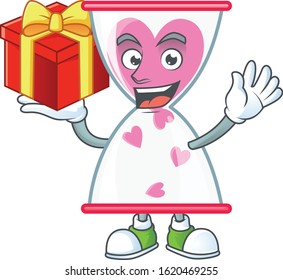 Happy face love clock sand cartoon character having a box of gift