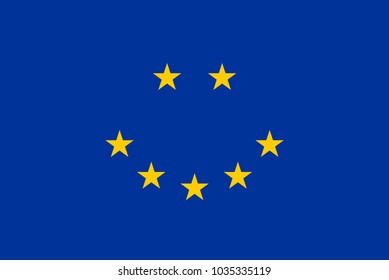 Happy face, made of the European Union flag. Representation of a smiling face, made of seven yellow five-pointed stars of the European flag, with blue background. Illustration. Vector.
