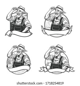 Happy face of male farmer vintage character working in summer day. Vector illustration
