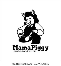 AN HAPPY FACE MAMA PIG IS COOKING ON A PAN CARTOON LOGO