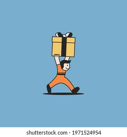 Happy Face Man holding big gift box with cartoon vector illustration