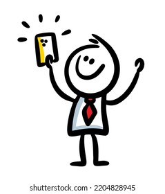 Happy face man holding mobile phone in his hand. Vector doodle illustration in sketch style.