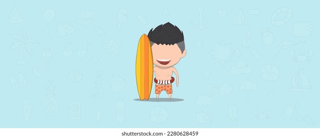 A happy face man with summer symbols and objects. a concept of balancing life holiday at sea, drawing by hand vector.