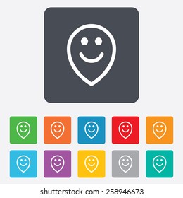 Happy face map pointer symbol. Smile icon. Rounded squares 11 buttons. Vector