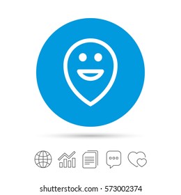 Happy face map pointer symbol. Smile icon. Copy files, chat speech bubble and chart web icons. Vector