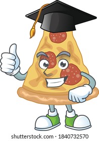 Happy face Mascot design concept of slice of pizza wearing a Graduation hat. Vector illustration