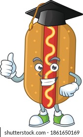 Happy face Mascot design concept of hotdog wearing a Graduation hat. Vector illustration