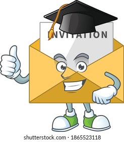 Happy face Mascot design concept of invitation message wearing a Graduation hat. Vector illustration