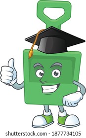 Happy face Mascot design concept of green sand bucket wearing a Graduation hat. Vector illustration