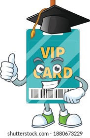 Happy face Mascot design concept of VIP pass card wearing a Graduation hat. Vector illustration