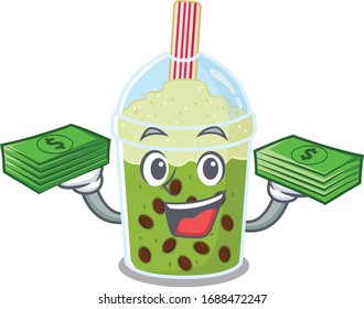 happy face matcha bubble tea character having money on hands